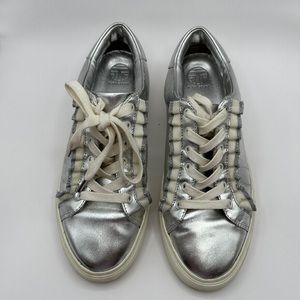 Tory Sport Metallic Silver Leather Sneakers with Cream Accents